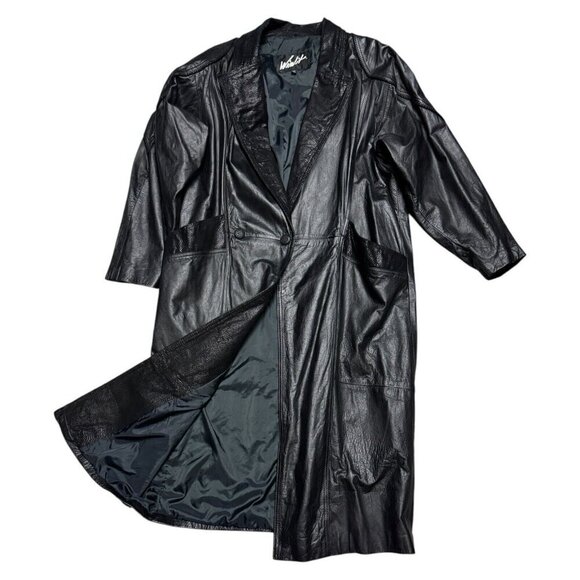 WinLit VINTAGE 90s GENUINE LEATHER Luxury Designer Long Trench Coat Womens Large - Picture 1 of 4